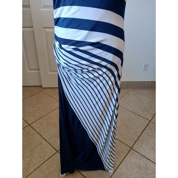 Soft Surroundings Maxi Dress Blue White Stripe Shirred Side M Coastal Nautical - Picture 11 of 16